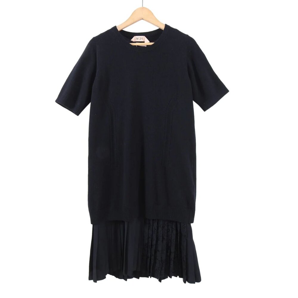 No 21 Numero Ventuno Black Knit 2 in 1 Sweater Dress w Pleat Trim